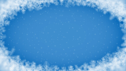Christmas background of snowflakes of different shape, blur and transparency, arranged in a ellipse, on light blue background