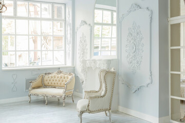 Luxury rich living room interior design with elegant classic furniture and wall decorations. Large...