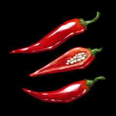 Red Pepper Paprika hand drawn watercolor illustration isolated on black. Set of mexican chili hot spicy, whole and sliced with seeds for vegetarian menu design