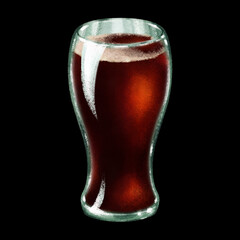 Refreshment Beverage Cola, Soda or Dark Beer in a Glass. Full glass with cold drink hand drawn watercolor illustration isolated on black