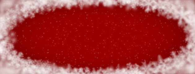 Christmas background of snowflakes of different shape, blur and transparency, arranged in a ellipse, on red background