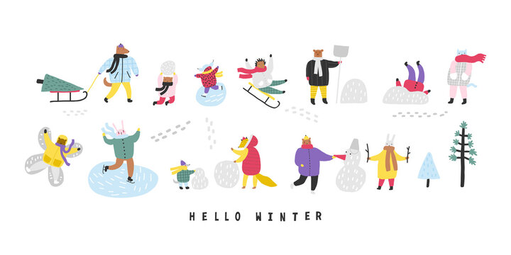 Set with cute animals in winter, playing, skiing, sledding, skating. Isolated objects on white. Hand drawn vector illustration. Concept kids print.