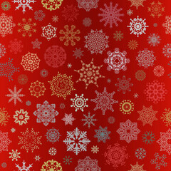 Christmas seamless pattern with colored snowflakes on red background .