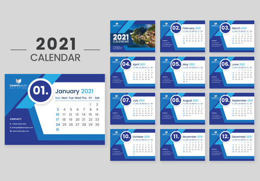 2021 Blue Desk Calendar for Tea Table