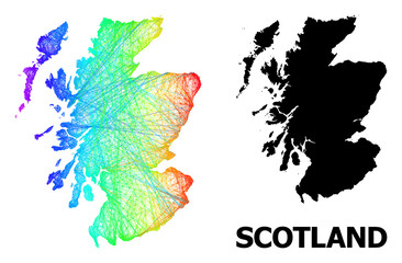 Network and solid map of Scotland. Vector structure is created from map of Scotland with intersected random lines, and has rainbow gradient. Abstract lines are combined into map of Scotland.