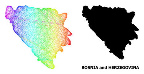 Wire frame and solid map of Bosnia and Herzegovina. Vector model is created from map of Bosnia and Herzegovina with intersected random lines, and has bright spectral gradient.