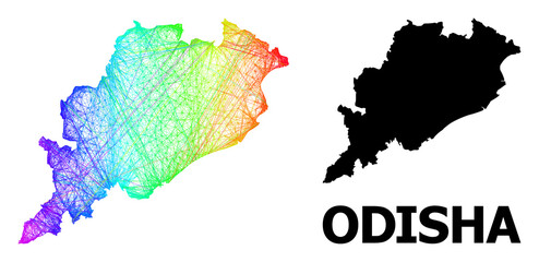 Obraz premium Wire frame and solid map of Odisha State. Vector structure is created from map of Odisha State with intersected random lines, and has spectrum gradient.