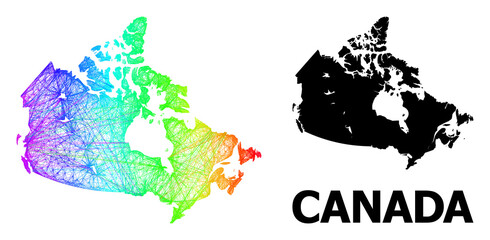 Obraz premium Wire frame and solid map of Canada. Vector structure is created from map of Canada with intersected random lines, and has bright spectral gradient. Abstract lines form map of Canada.