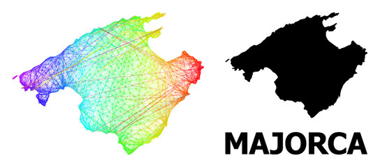 Wire frame and solid map of Majorca. Vector structure is created from map of Majorca with intersected random lines, and has rainbow gradient. Abstract lines form map of Majorca.