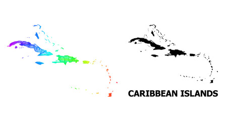 Net and solid map of Caribbean Islands. Vector structure is created from map of Caribbean Islands with intersected random lines, and has spectrum gradient.