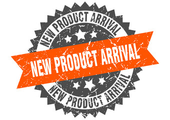 new product arrival stamp. grunge round sign with ribbon