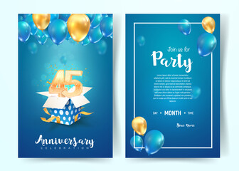 Celebration of 45th years birthday vector invitation card. forty five years anniversary celebration brochure. Template of invitational for print on blue background
