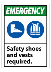 Obraz premium Emergency Sign Safety Shoes And Vest Required With PPE Symbols on White Background,Vector Illustration