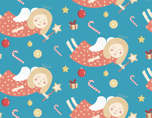 Christmas and New Years pattern. Cute Christmas angel flies, balls, lemons, stars, candy cane. Charming little blonde in a pink dress with a magic wand in her hand.