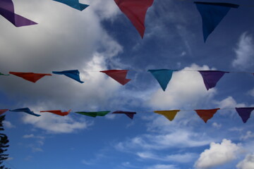 Colorful flags flopping in the wind to draw attention to the site.