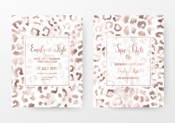 Leopard print invitation cards with rose gold texture.