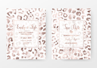 Leopard print invitation cards with rose gold texture. © NikaMooni