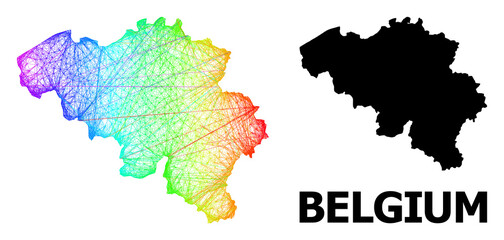 Obraz premium Wire frame and solid map of Belgium. Vector structure is created from map of Belgium with intersected random lines, and has spectral gradient. Abstract lines form map of Belgium.