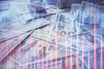 Multi exposure of forex chart drawing over us dollars bill background. Concept of financial success markets.