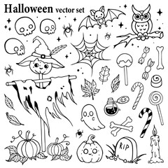 Cute hand-drawn Halloween set with scarecrow, pumpkins, skulls, candies, bat, owl and other elements. Perfect for cards, print and seasonal designs.