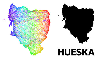 Net and solid map of Hueska Province. Vector structure is created from map of Hueska Province with intersected random lines, and has rainbow gradient. Abstract lines form map of Hueska Province.