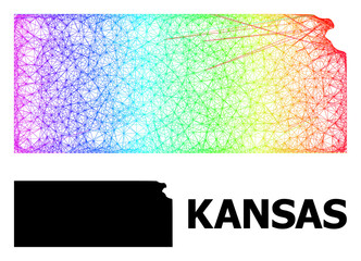 Net and solid map of Kansas State. Vector structure is created from map of Kansas State with intersected random lines, and has spectral gradient. Abstract lines are combined into map of Kansas State.