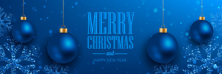 Christmas horizontal banner. Xmas blue background with snowflakes and Christmas ball.