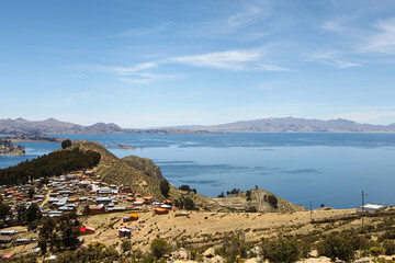 Houses on a hill on Isla Del Sol in Lake Titicaca
