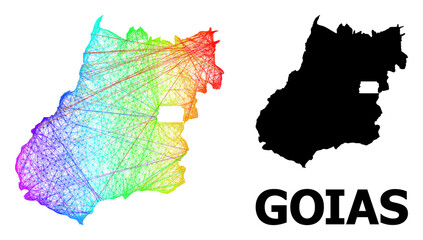 Obraz premium Network and solid map of Goias State. Vector structure is created from map of Goias State with intersected random lines, and has rainbow gradient. Abstract lines are combined into map of Goias State.