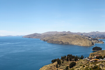 Trees and houses on Isla Del Sol on Lake Titicaca