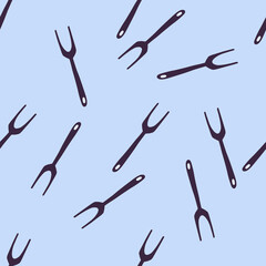 Doodle seamless pattern with grill fork random ornament. Dark navy blue silhouettes on light blue background.