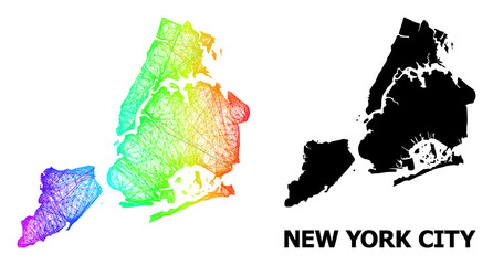 Wire frame and solid map of New York City. Vector structure is created from map of New York City with intersected random lines, and has rainbow gradient. Abstract lines form map of New York City.