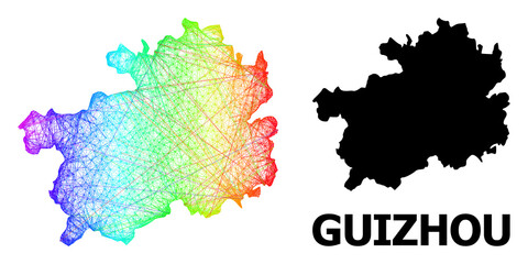 Obraz premium Wire frame and solid map of Guizhou Province. Vector model is created from map of Guizhou Province with intersected random lines, and has rainbow gradient. Abstract lines form map of Guizhou Province.