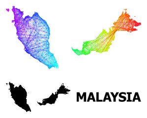 Net and solid map of Malaysia. Vector model is created from map of Malaysia with intersected random lines, and has spectral gradient. Abstract lines are combined into map of Malaysia.
