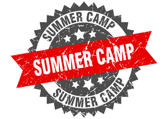 summer camp stamp. grunge round sign with ribbon