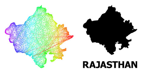 Network and solid map of Rajasthan State. Vector model is created from map of Rajasthan State with intersected random lines, and has rainbow gradient. Abstract lines form map of Rajasthan State.