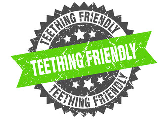 teething friendly stamp. grunge round sign with ribbon