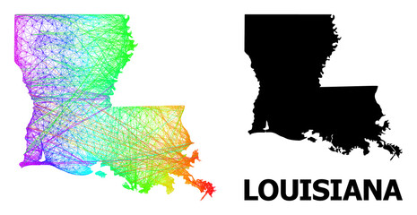 Obraz premium Net and solid map of Louisiana State. Vector model is created from map of Louisiana State with intersected random lines, and has rainbow gradient. Abstract lines form map of Louisiana State.