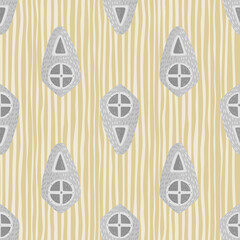 Light grey shied ornament seamless doodle pattern. Hand drawn medieval artwork with yellow striped background.