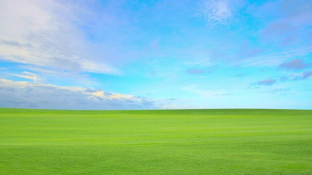 Time lapse 4K. Footage, Green grass field and blue sky with bright sun summer landscape background