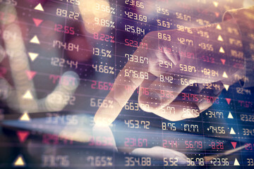 Multi exposure of man's hands holding and using a phone and financial chart drawing. Market analysis concept.