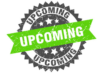 upcoming stamp. grunge round sign with ribbon