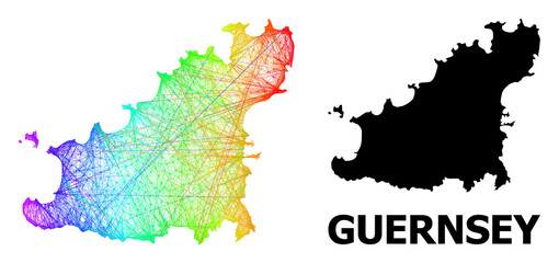 Wire frame and solid map of Guernsey Island. Vector model is created from map of Guernsey Island with intersected random lines, and has bright spectral gradient.