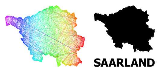 Network and solid map of Saarland State. Vector model is created from map of Saarland State with intersected random lines, and has spectral gradient. Abstract lines form map of Saarland State.