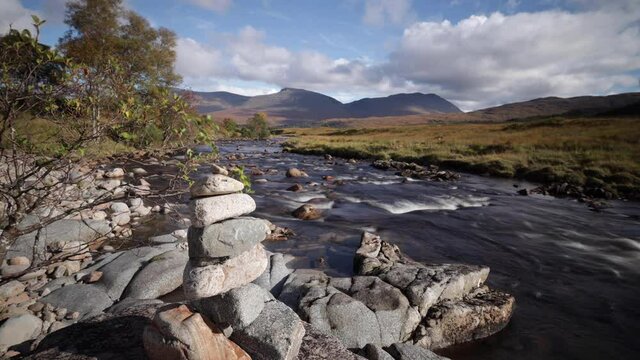 time lapse footage of a highland river near bridge of orchy on the west highland way in the argyll region of the highlands of Scotland during autumn
