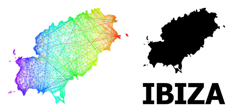 Net and solid map of Ibiza Island. Vector structure is created from map of Ibiza Island with intersected random lines, and has rainbow gradient. Abstract lines form map of Ibiza Island.
