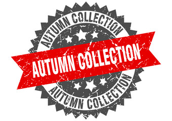 autumn collection stamp. grunge round sign with ribbon