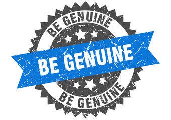 be genuine stamp. grunge round sign with ribbon