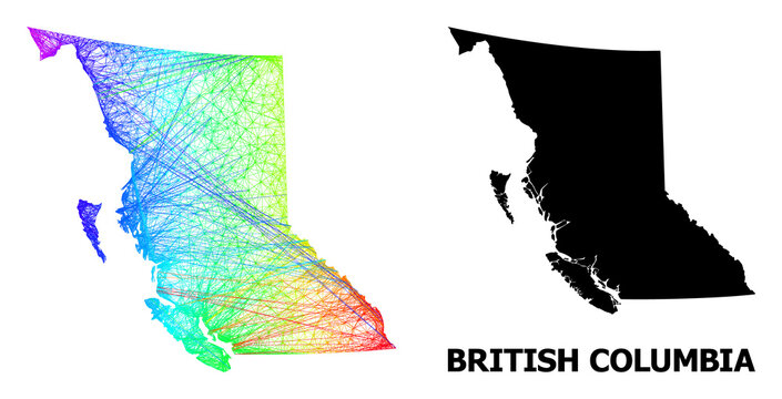 Wire frame and solid map of British Columbia Province. Vector structure is created from map of British Columbia Province with intersected random lines, and has rainbow gradient.
