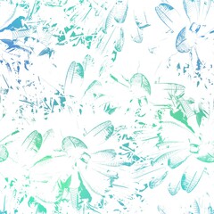 Seamless satin soft pastel color leaves pattern. High quality illustration. Beach or resort wear design of leaves in fuzzy turquoise and white. Repeat raster jpg pattern design.